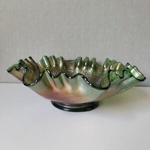 Fenton Green Carnival Glass Persian Medallion Ruffled Bowl 8.25" Vintage Antique